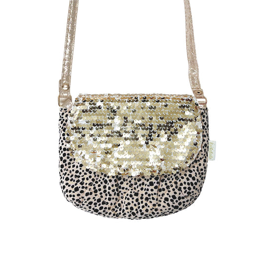 A girls cross body bag by Rockahula, style Sequin Leopard, in gold sequin and leopard print with gold strap. Front view.