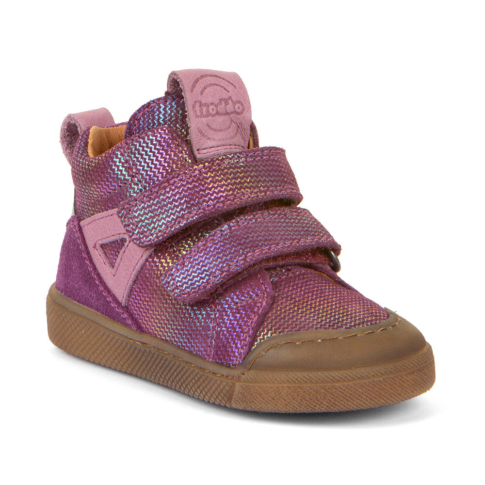 A casual girls boot by Froddo, style Rosario High Top, in purple/multicolour, with two velcro straps and toe bumpers. Right side view
