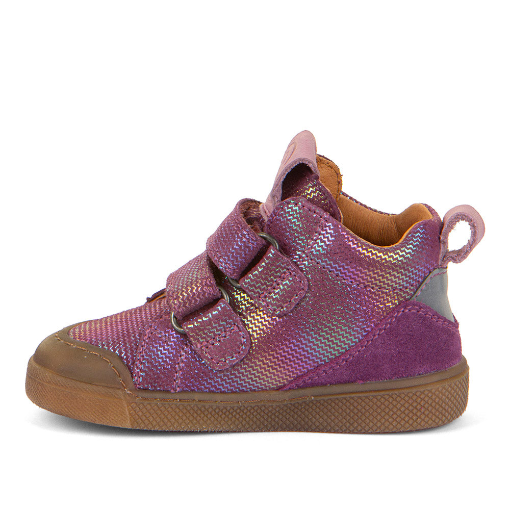 A casual girls boot by Froddo, style Rosario High Top, in purple/multicolour, with two velcro straps and toe bumpers. Inner side view