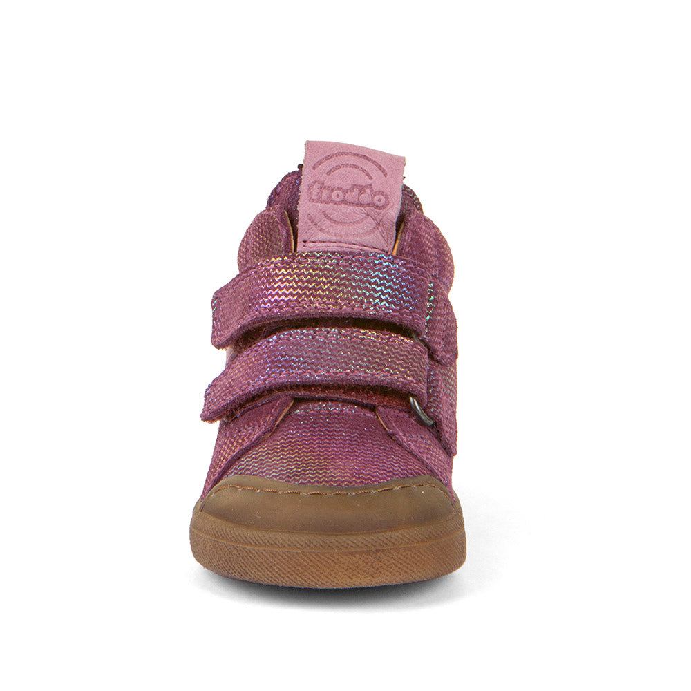 A casual girls boot by Froddo, style Rosario High Top, in purple/multicolour, with two velcro straps and toe bumpers. Front view