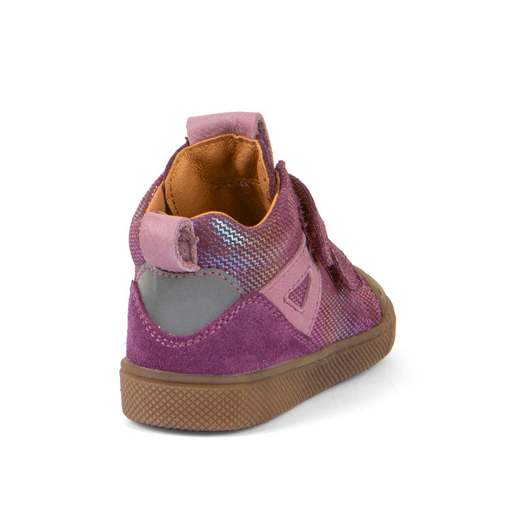 A casual girls boot by Froddo, style Rosario High Top, in purple/multicolour, with two velcro straps and toe bumpers. Back view