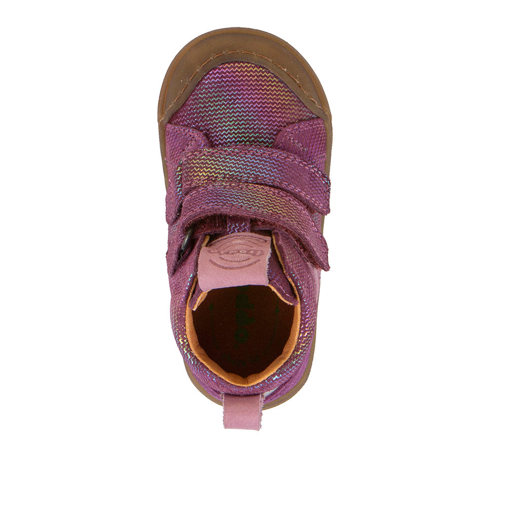 A casual girls boot by Froddo, style Rosario High Top, in purple/multicolour, with two velcro straps and toe bumpers. Top view