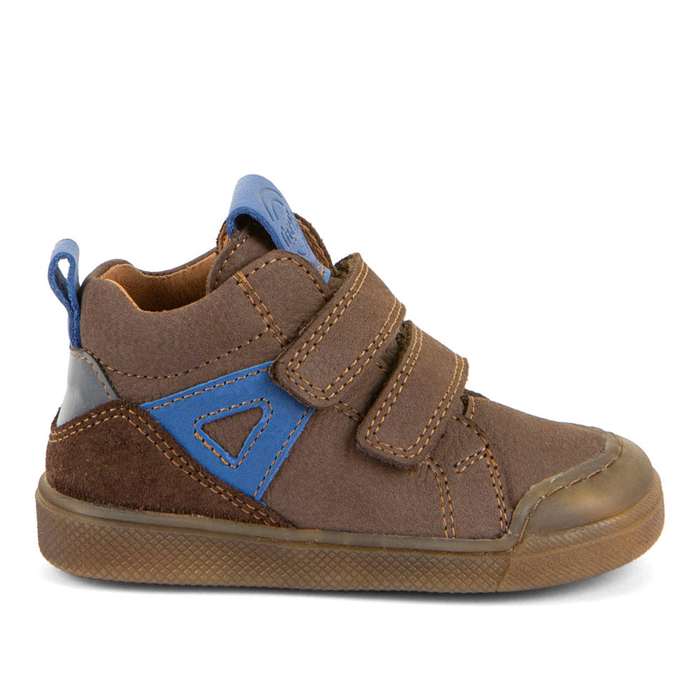 Froddo Rosario High Top boot in brown leather with double Velcro strap, blue details and gum sole. Outer right side view.