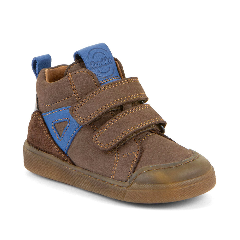 Froddo Rosario High Top boot in brown leather with double Velcro strap, blue details and gum sole. Angled front right side view.