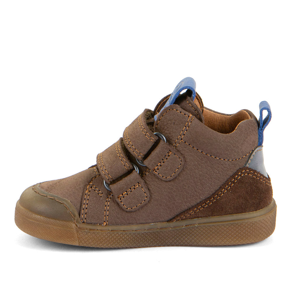 Froddo Rosario High Top boot in brown leather with double Velcro strap, blue details and gum sole. Inner right side view.