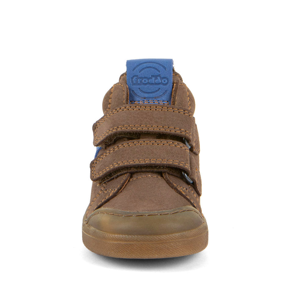 Froddo Rosario High Top boot in brown leather with double Velcro strap, blue details and gum sole. Front view.
