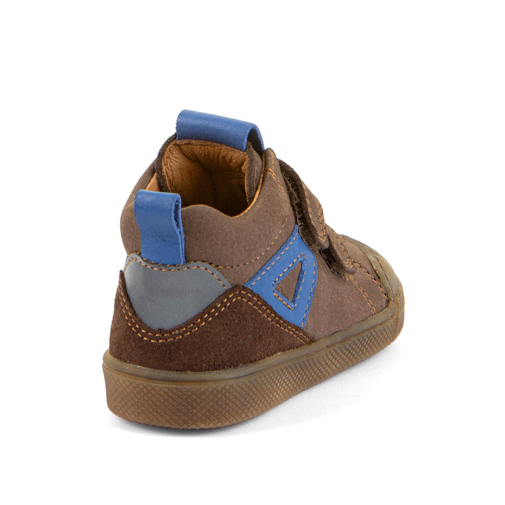 Froddo Rosario High Top boot in brown leather with double Velcro strap, blue details and gum sole. Angled back view.