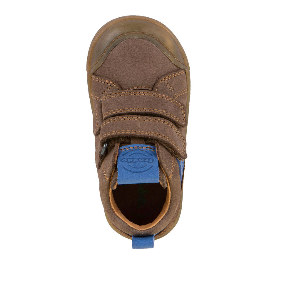 Froddo Rosario High Top boot in brown leather with double Velcro strap, blue details and gum sole. Top view.