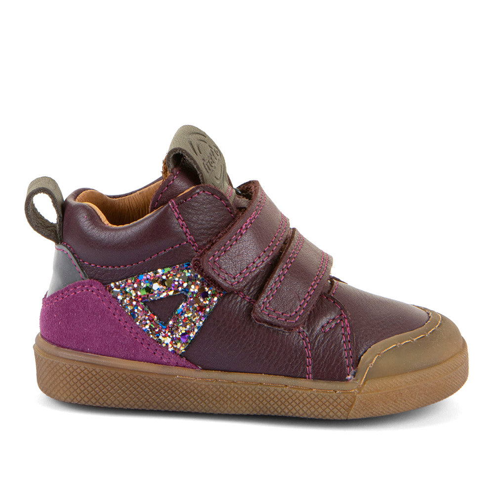 Froddo Rosario High Top boot in deep purple leather with double Velcro strap, glitter detail and gum sole. Outer right side view.