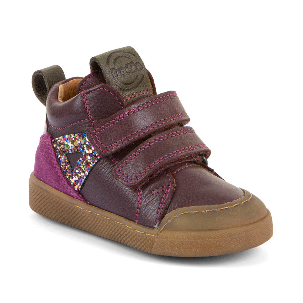 Froddo Rosario High Top boot in deep purple leather with double Velcro strap, glitter detail and gum sole. Angled front side view.