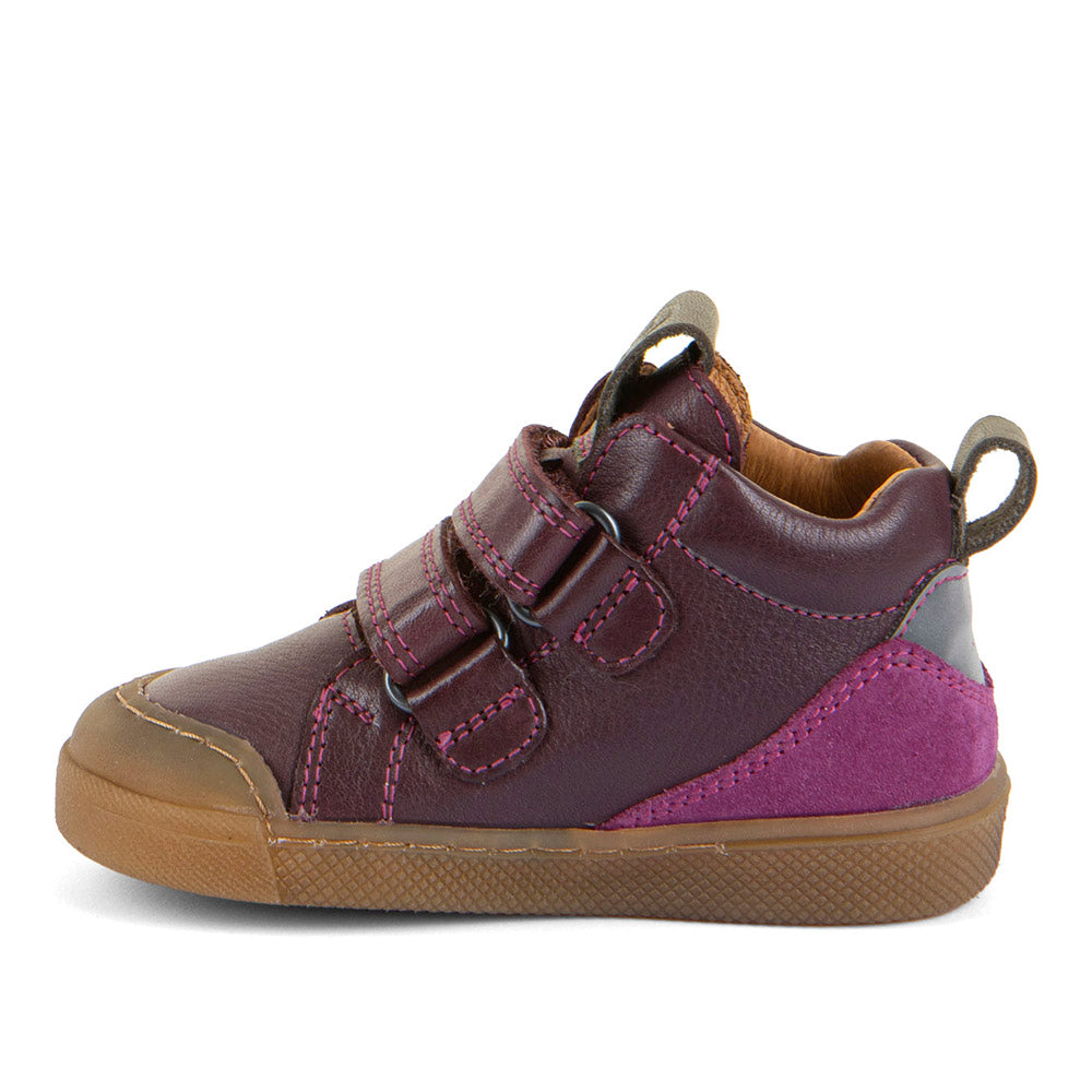 Froddo Rosario High Top boot in deep purple leather with double Velcro strap, glitter detail and gum sole. Inner right side view.