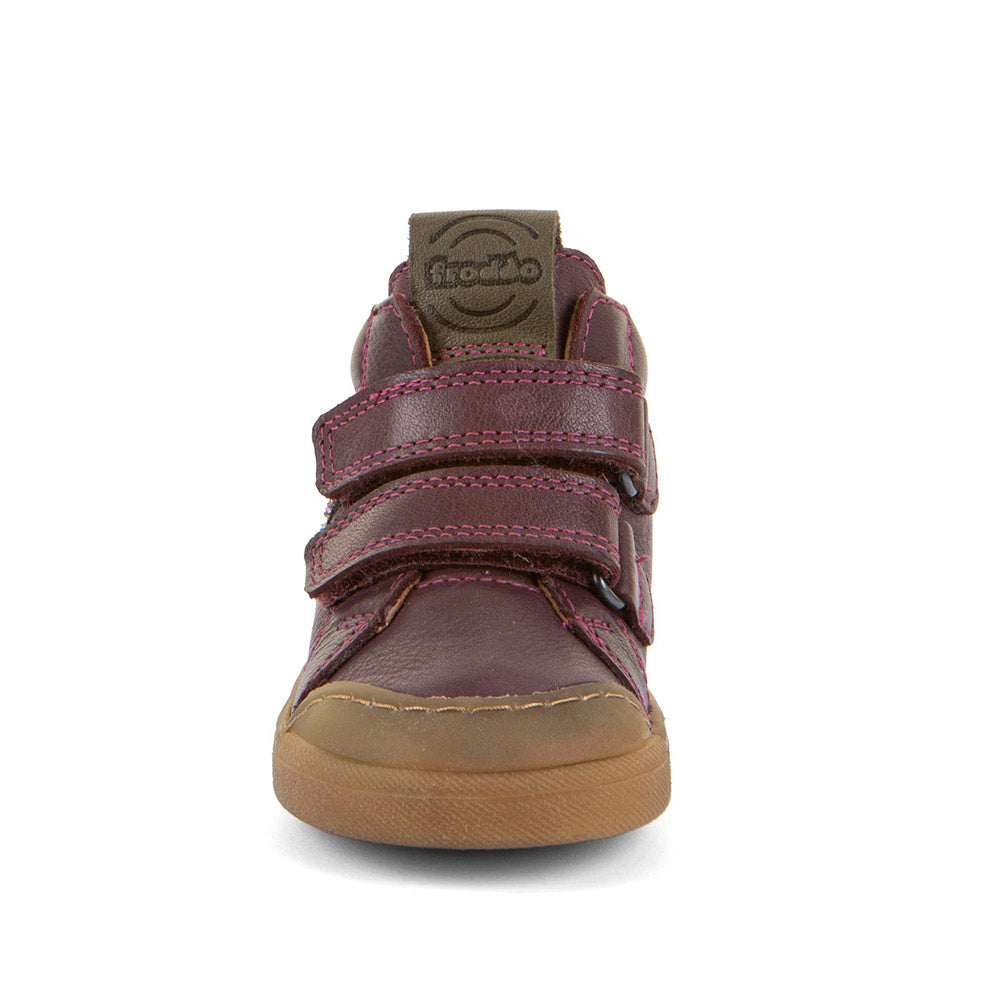 Froddo Rosario High Top boot in deep purple leather with double Velcro strap, glitter detail and gum sole. Front view.