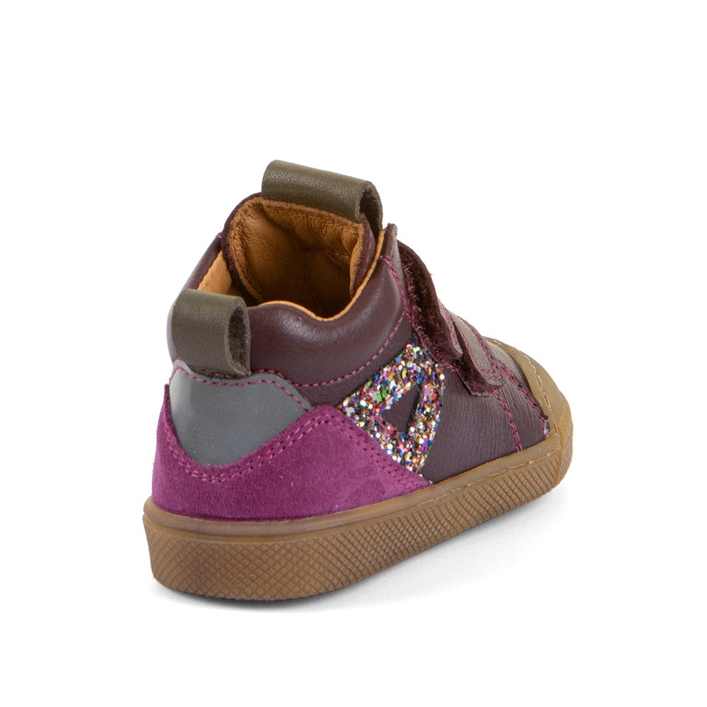 Froddo Rosario High Top boot in deep purple leather with double Velcro strap, glitter detail and gum sole. Angled back view.