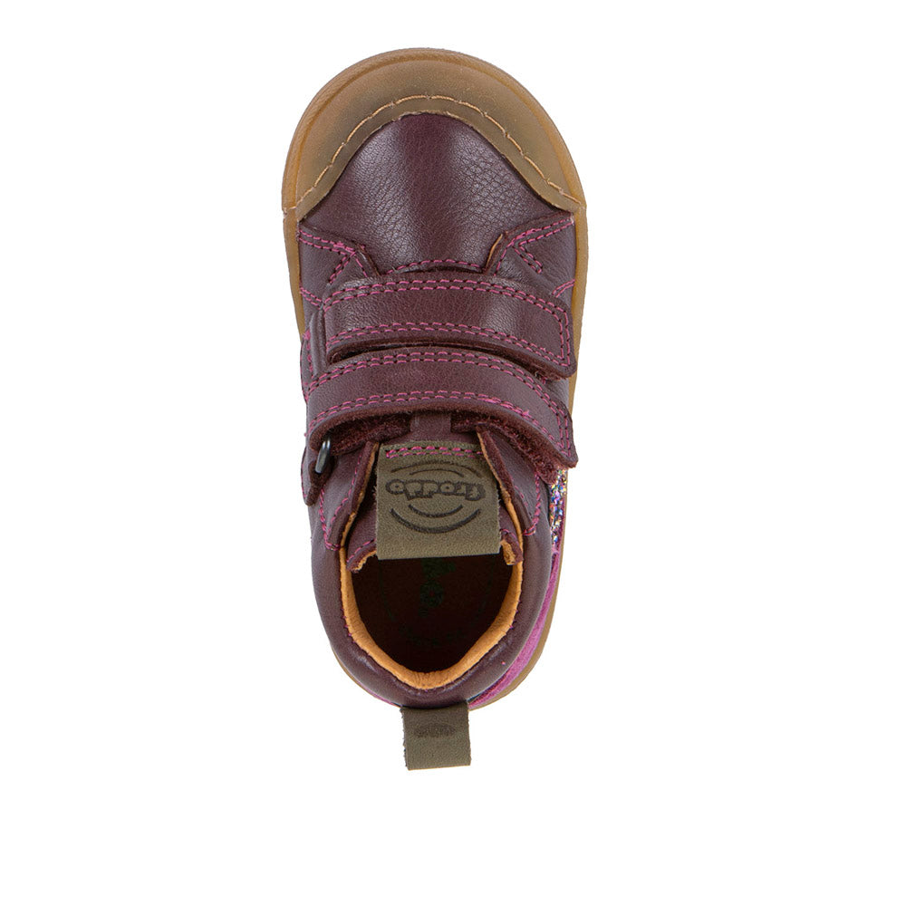 Froddo Rosario High Top boot in deep purple leather with double Velcro strap, glitter detail and gum sole. Top view.