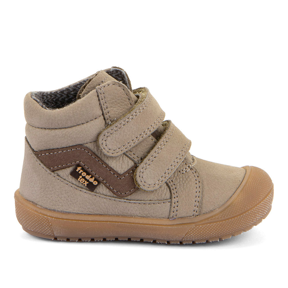Froddo brown leather ankle boot with a double Velcro strap and gum sole. Outer right side view.