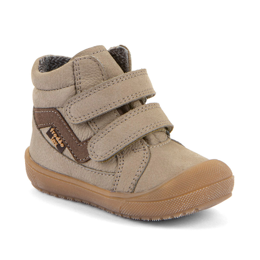 Froddo brown leather ankle boot with a double Velcro strap and gum sole. Outer right side front angle view.