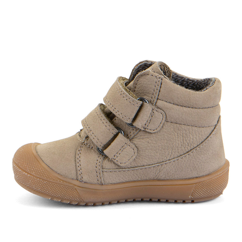 Froddo brown leather ankle boot with a double Velcro strap and gum sole. Inner right side view.