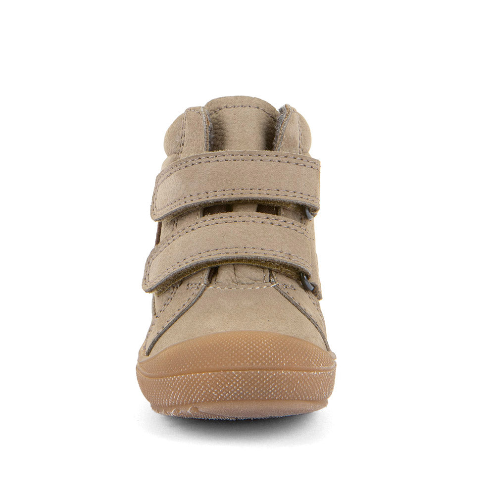 Froddo brown leather ankle boot with a double Velcro strap and gum sole. Front view.