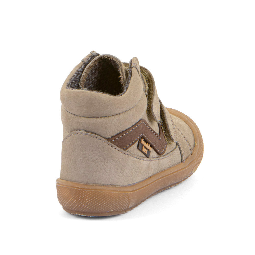 Froddo brown leather ankle boot with a double Velcro strap and gum sole. Back view.
