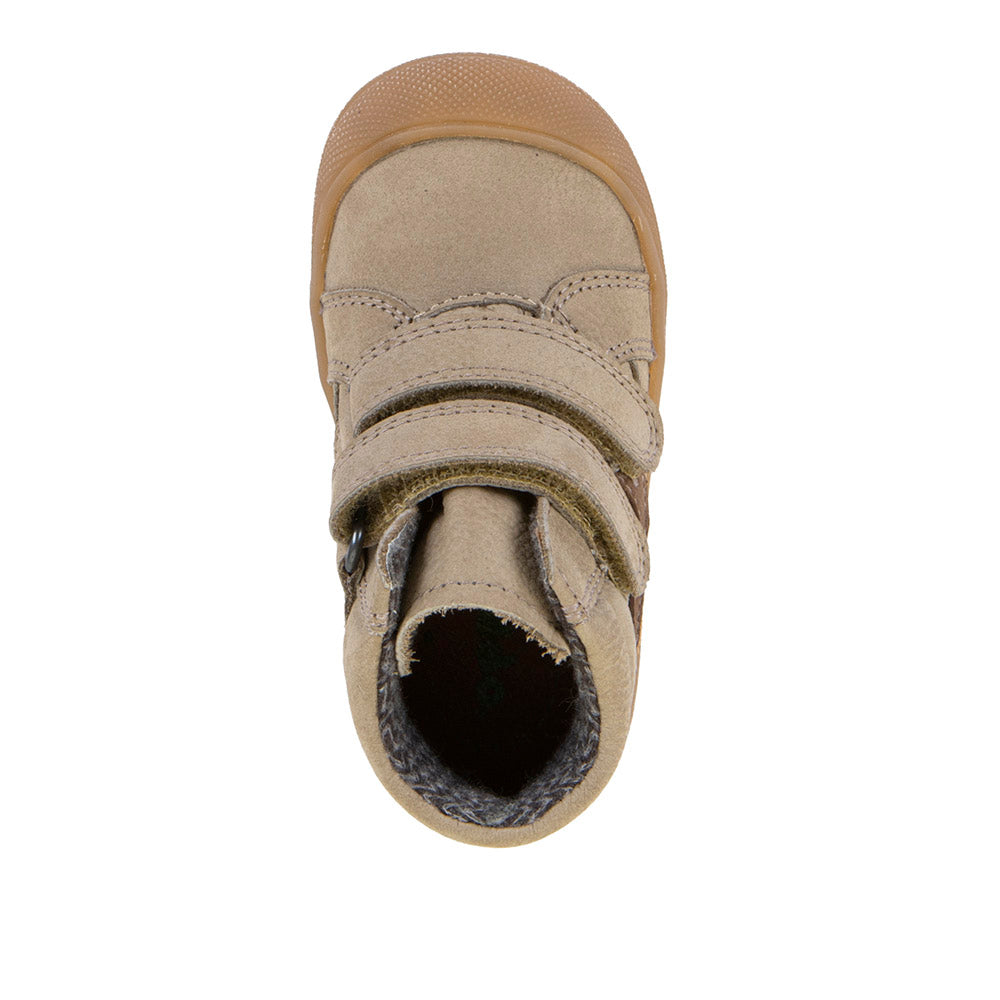 Froddo brown leather ankle boot with a double Velcro strap and gum sole. Top view.