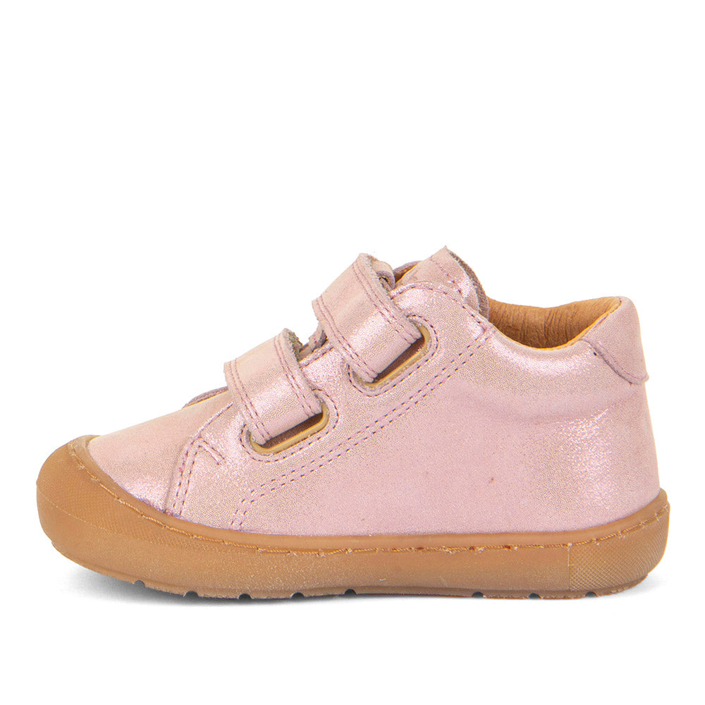  A girls ankle boot by Froddo, style Ollie G2130308-10, in pink shimmer nubuck leather with toe bumper. Double velcro fastening. Left side view.