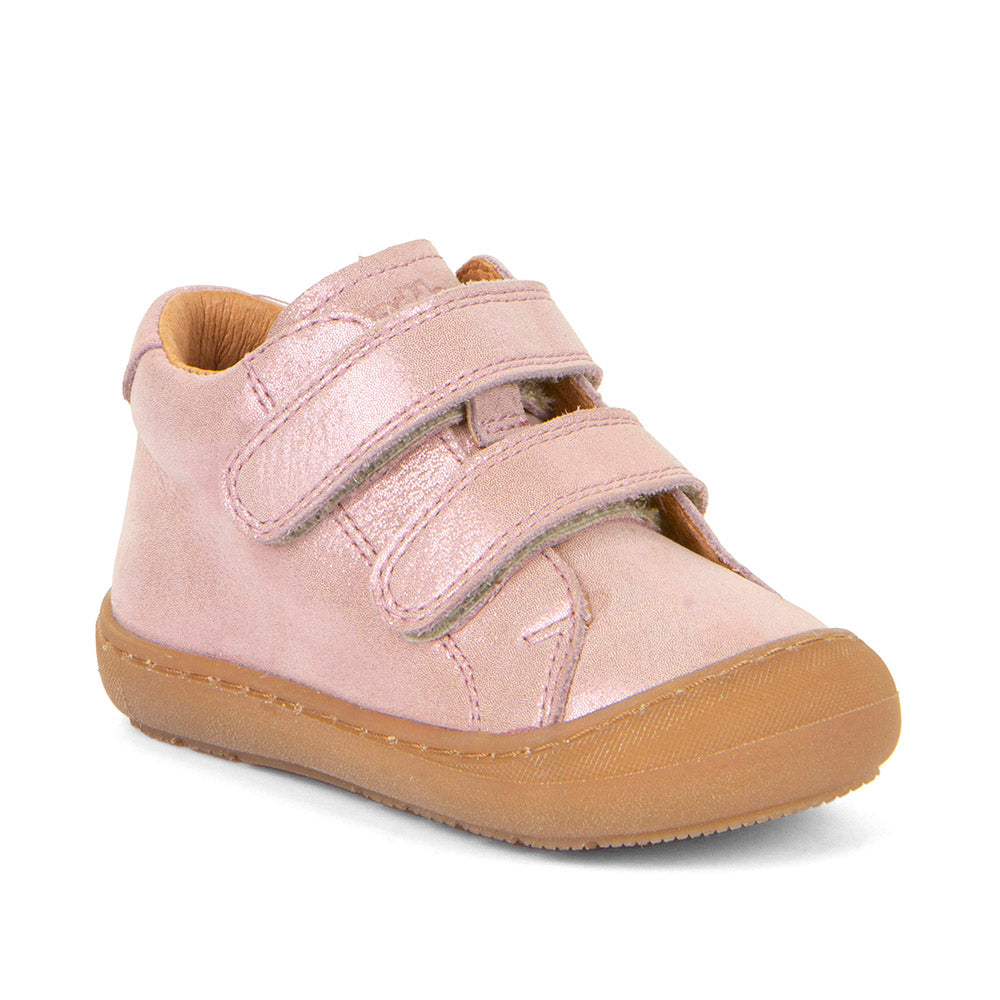  A girls ankle boot by Froddo, style Ollie G2130308-10, in pink shimmer nubuck leather with toe bumper. Double velcro fastening. Angled view.