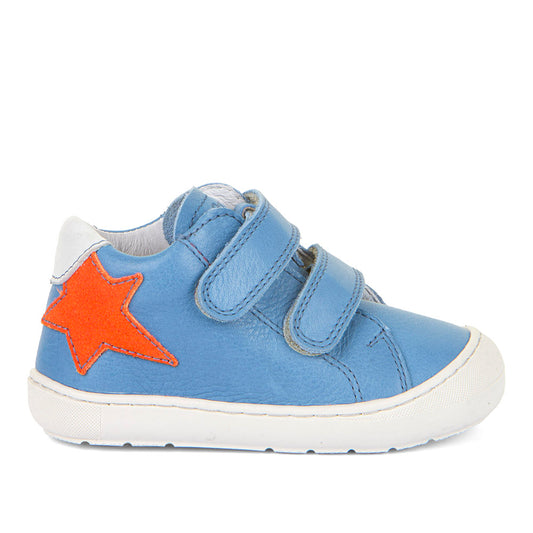  A boys ankle boot by Froddo, style Ollie Star G2130309-6 in blue leather with orange star ,white trim and toe bumper. Double velcro fastening. Right side view.