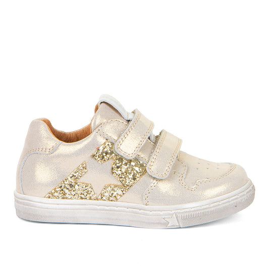 A girls casual occasion shoe by Froddo, style G2130315-11 Dolby, in light gold metallic with gold sequin block and star detail, double velcro fastening. Right side view.