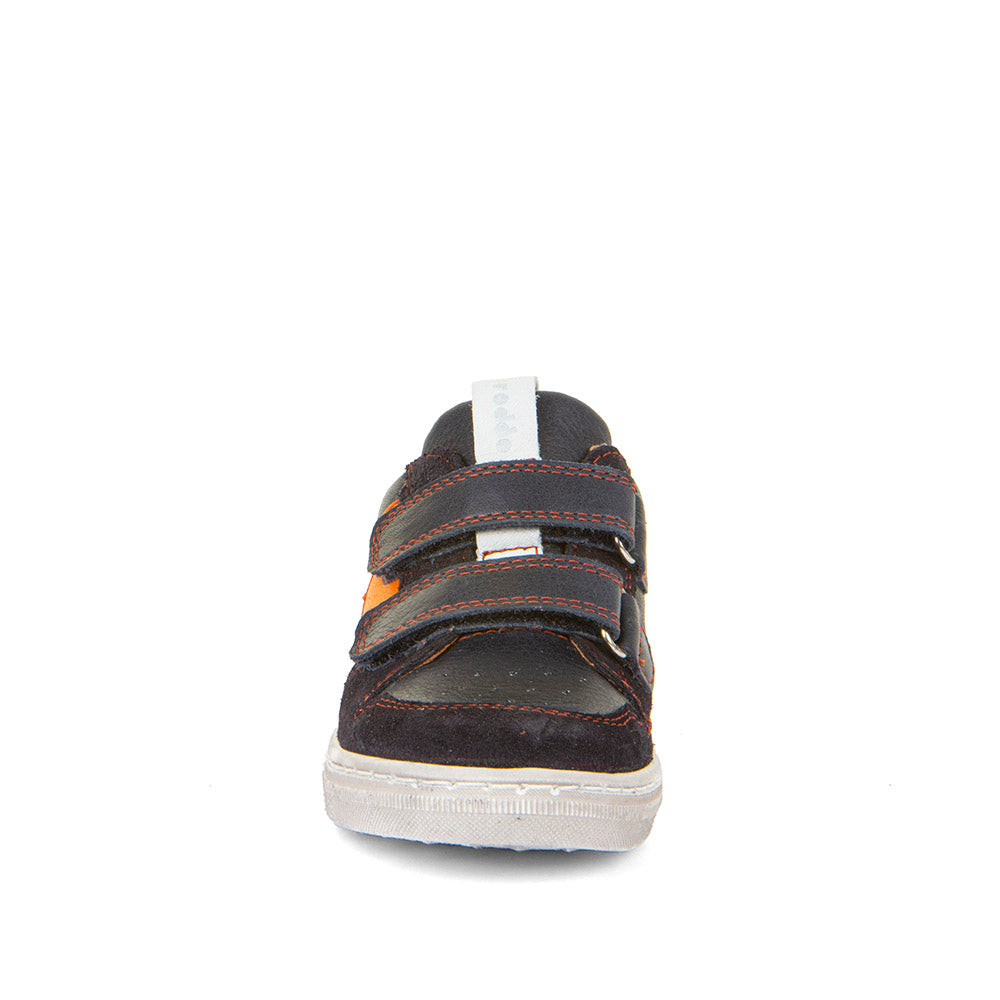 A boys casual shoe by Froddo, style G2130315 Dolby, in navy with orange block and star detail, double velcro fastening. Front view.