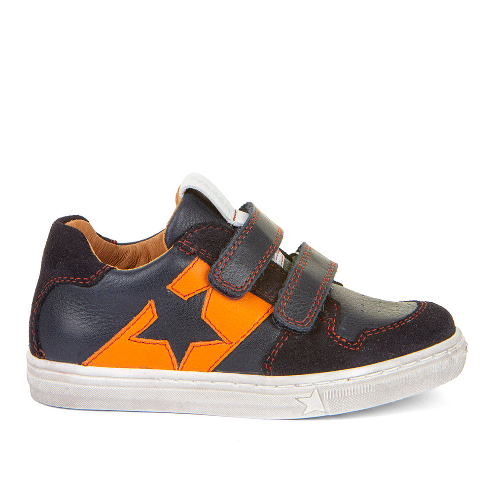 A boys casual shoe by Froddo, style G2130315 Dolby, in navy with orange block and star detail, double velcro fastening. Right side view.
