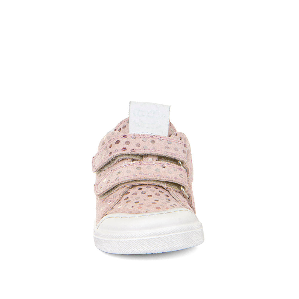 A girls casual shoe by Froddo, style Rosario G2130316-10, in pink/silver spot suede with white trim and toe bumper. Velcro fastening. Front view.