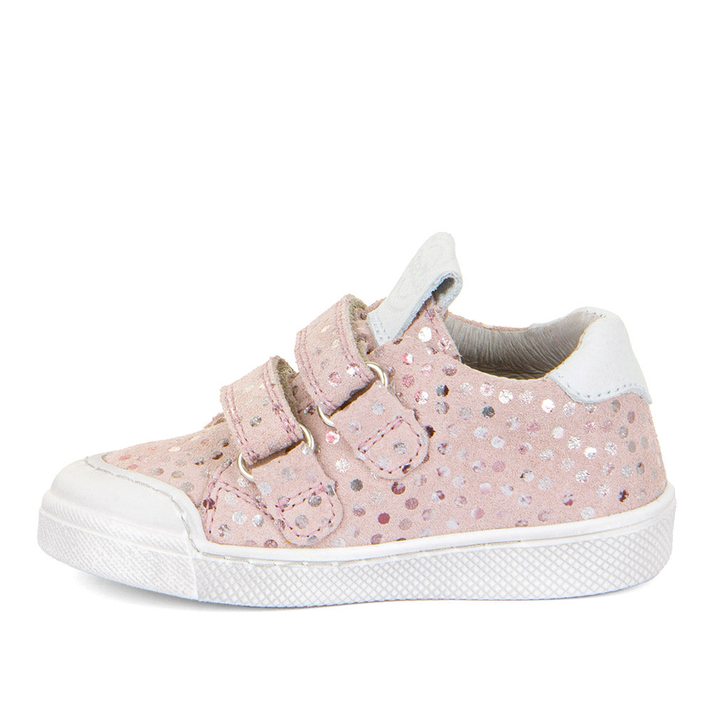 A girls casual shoe by Froddo, style Rosario G2130316-10, in pink/silver spot suede with white trim and toe bumper. Velcro fastening. Left side view.