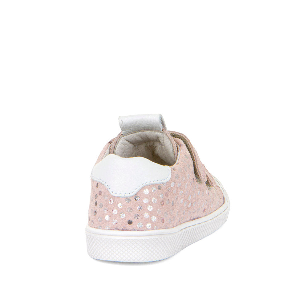 A girls casual shoe by Froddo, style Rosario G2130316-10, in pink/silver spot suede with white trim and toe bumper. Velcro fastening. Back view.