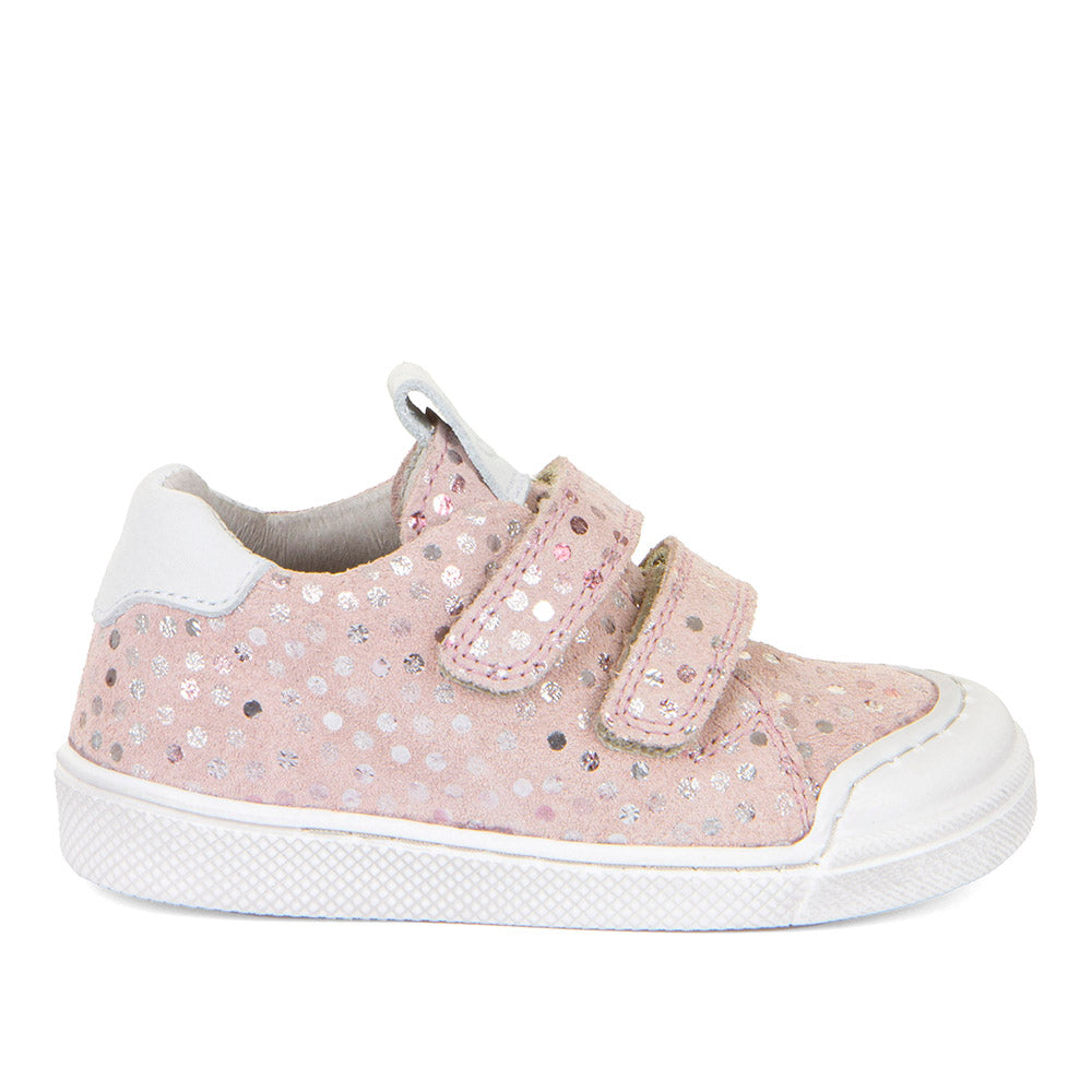 A girls casual shoe by Froddo, style Rosario G2130316-10, in pink/silver spot suede with white trim and toe bumper. Velcro fastening. Right side view.