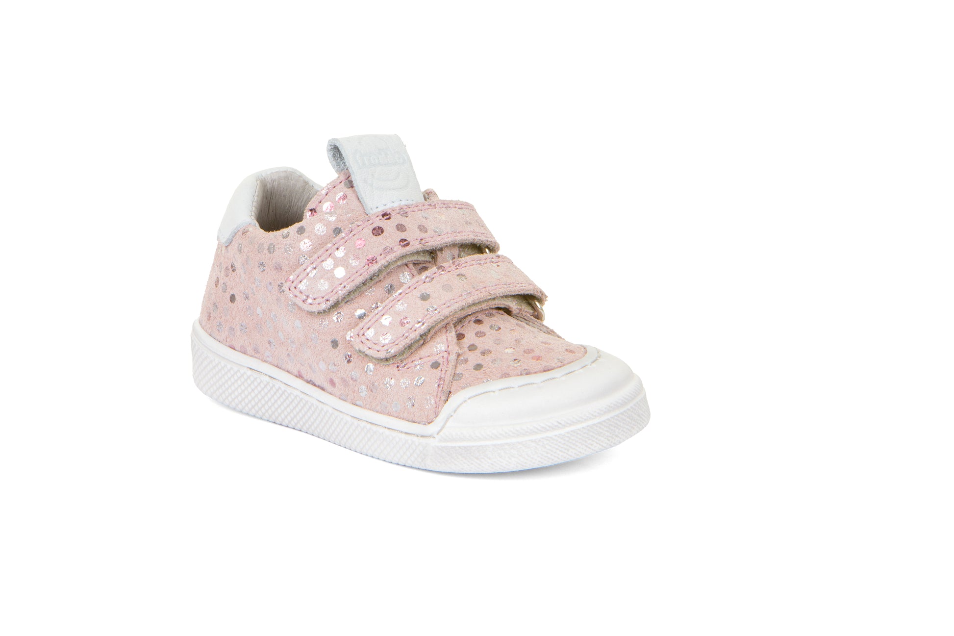 A girls casual shoe by Froddo, style Rosario G2130316-10, in pink/silver spot suede with white trim and toe bumper. Velcro fastening. Angled view.