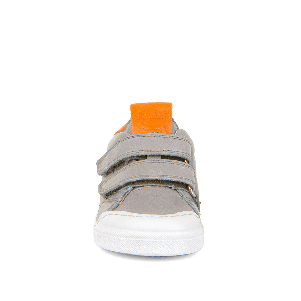 A boys casual shoe by Froddo, style Rosario G2130316-15, in grey leather with orange trim and toe bumper. Velcro fastening. Front view.