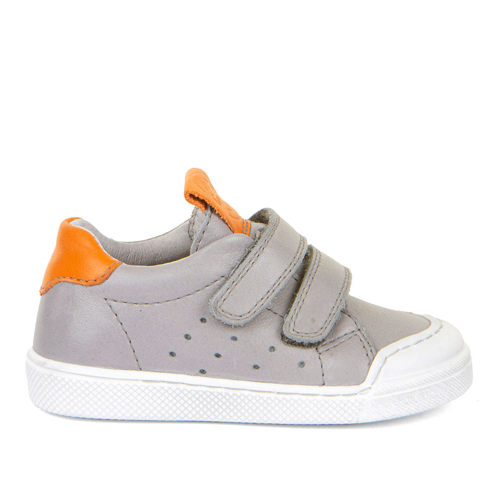 A boys casual shoe by Froddo, style Rosario G2130316-15, in grey leather with orange trim and toe bumper. Velcro fastening. Right side view.