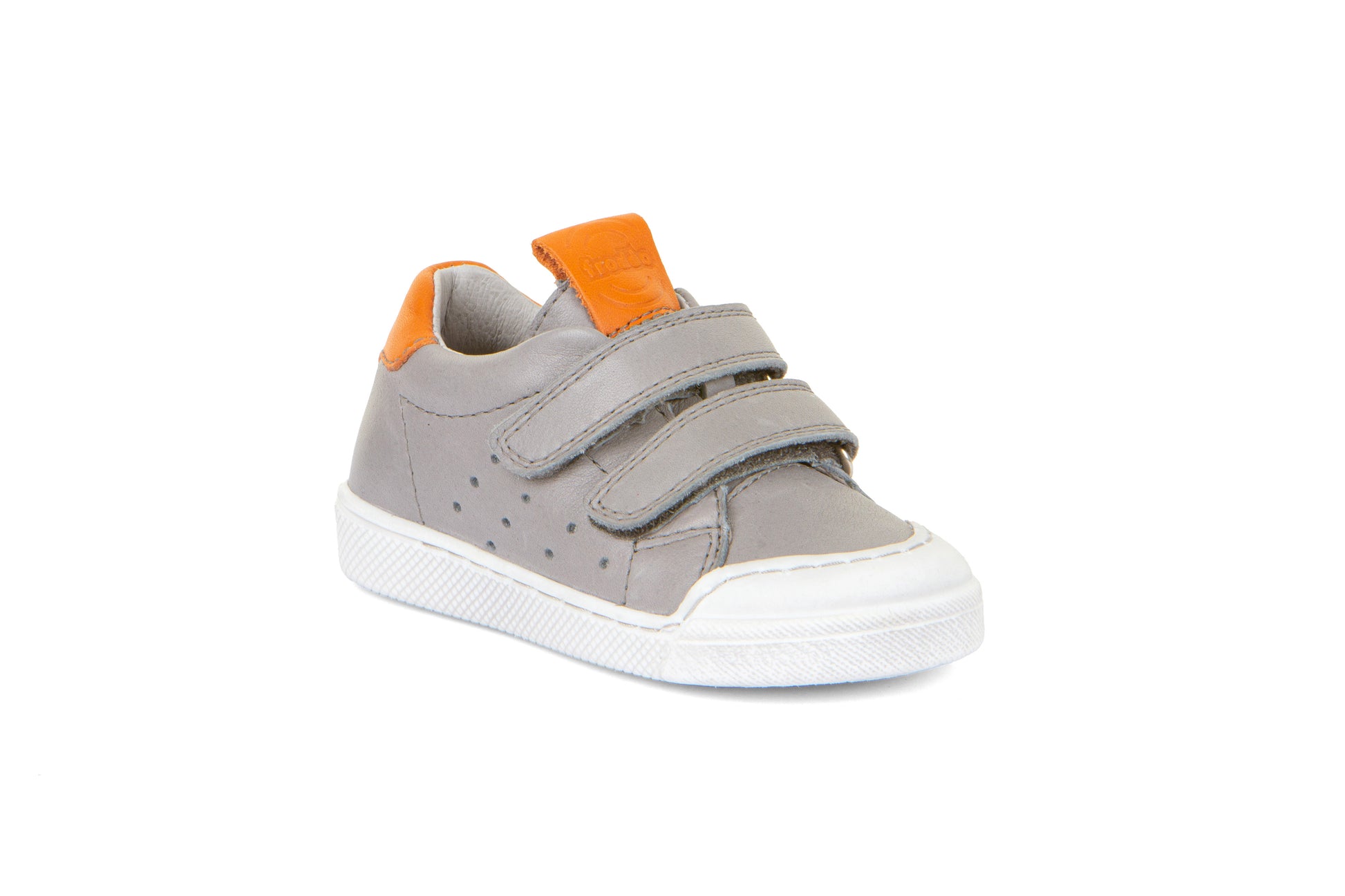 A boys casual shoe by Froddo, style Rosario G2130316-15, in grey leather with orange trim and toe bumper. Velcro fastening. Angled view.