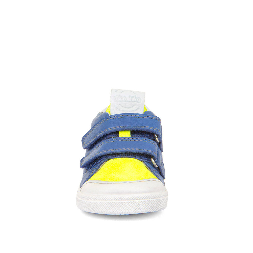 A boys casual shoe by Froddo, style Rosario G2130316-26, in blue and yellow leather with white trim and toe bumper. Velcro fastening. Front view.