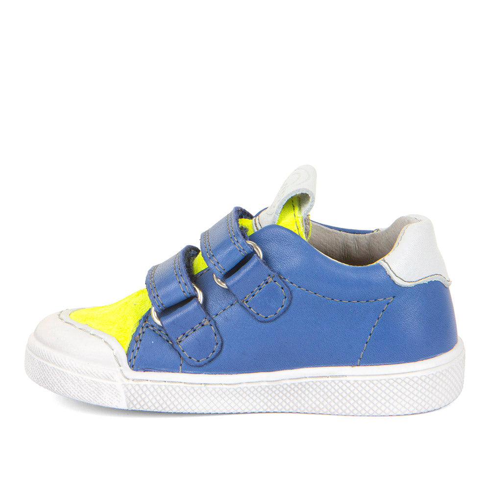 A boys casual shoe by Froddo, style Rosario G2130316-26, in blue and yellow leather with white trim and toe bumper. Velcro fastening. Left side view.