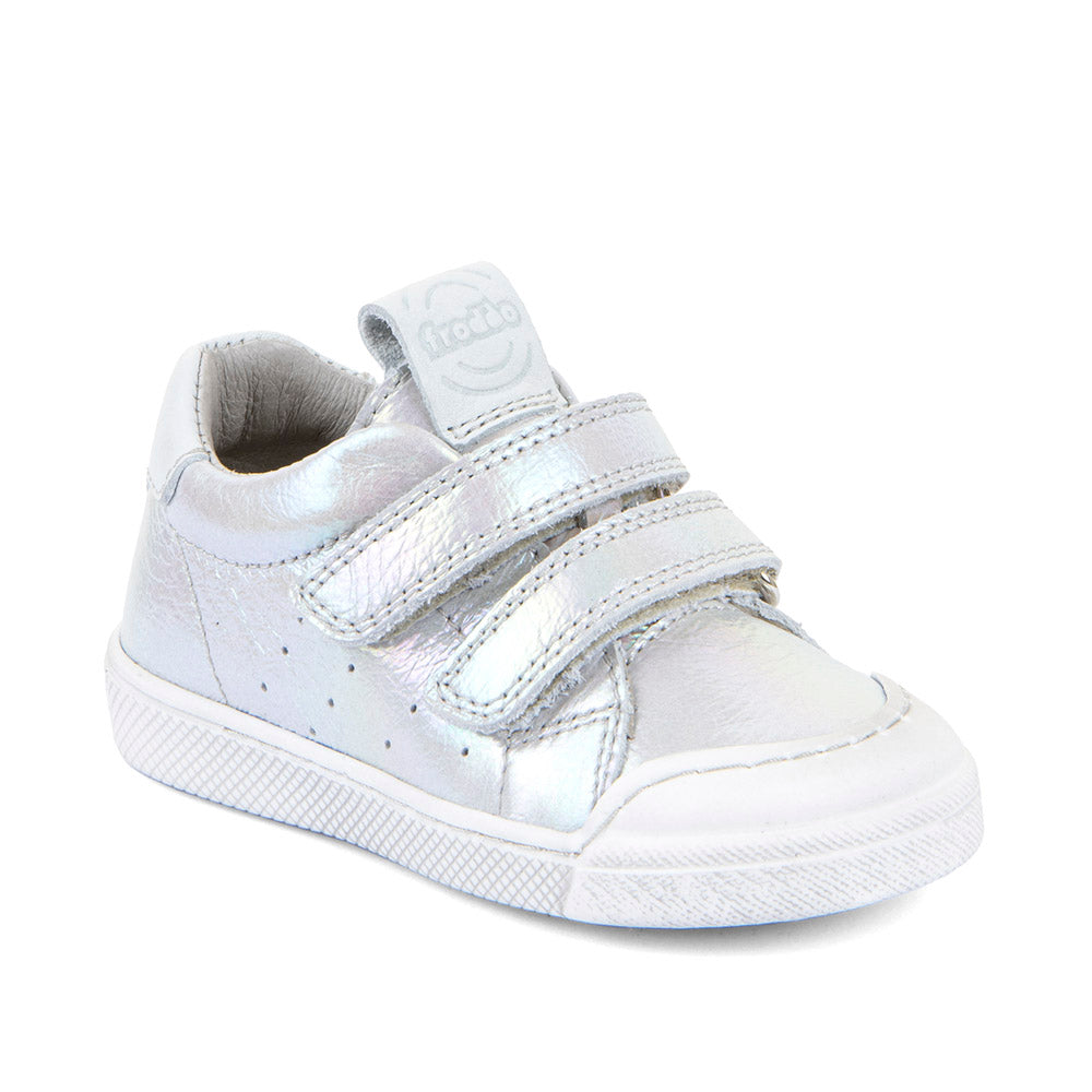 A girls casual shoe by Froddo, style Rosario in Magic with two velcro straps and heel and toe bumpers Angled right side view