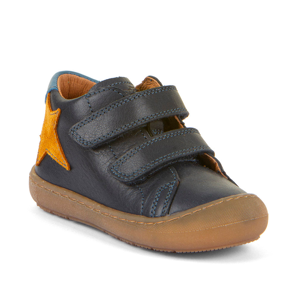 A casual boys shoe by Froddo, style Ollie S Star, in navy blue with yellow star on side, with two velcro straps and heel and toe bumpers. Right side view