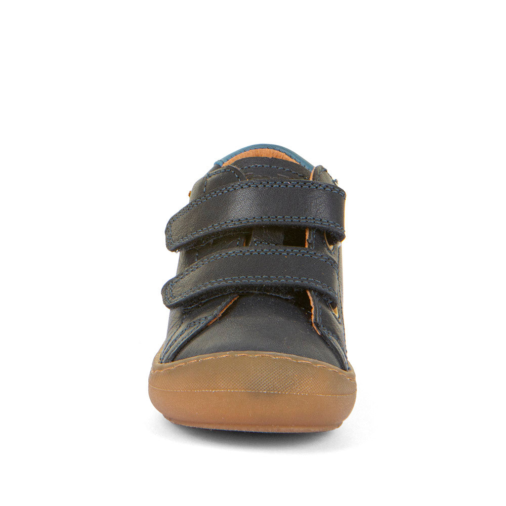 A casual boys shoe by Froddo, style Ollie S Star, in navy blue with yellow star on side, with two velcro straps and heel and toe bumpers. Front view