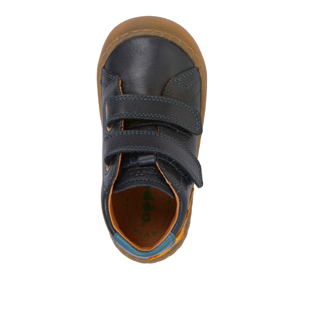 A casual boys shoe by Froddo, style Ollie S Star, in navy blue with yellow star on side, with two velcro straps and heel and toe bumpers. Top view