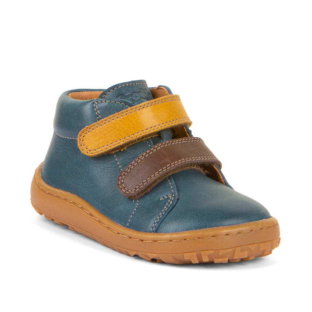 Froddo First Step Barefoot shoe in dark denim with heel and toe bumpers and two yellow and brown velcro straps. Right side view