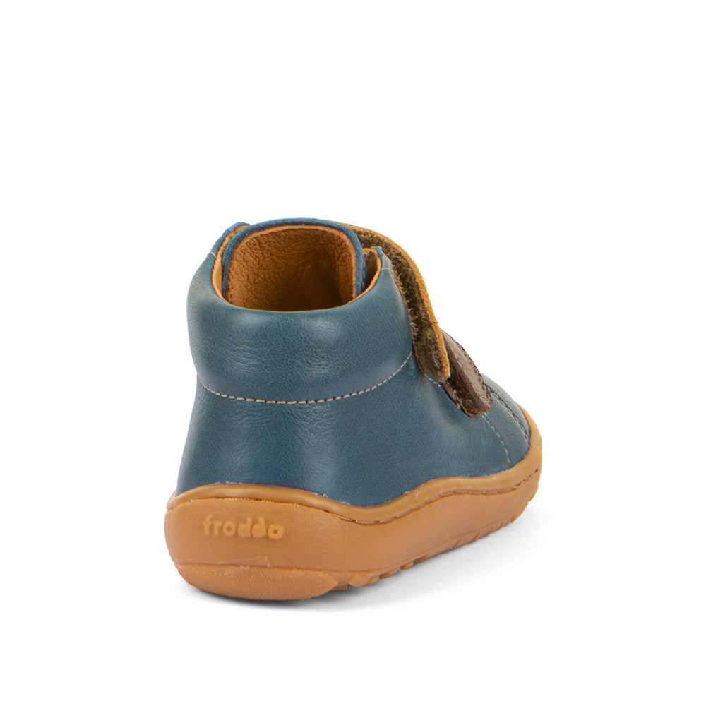 Froddo First Step Barefoot shoe in dark denim with heel and toe bumpers and two yellow and brown velcro straps. Back view