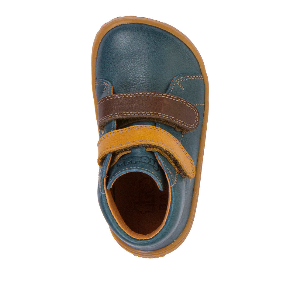 Froddo First Step Barefoot shoe in dark denim with heel and toe bumpers and two yellow and brown velcro straps. Top view