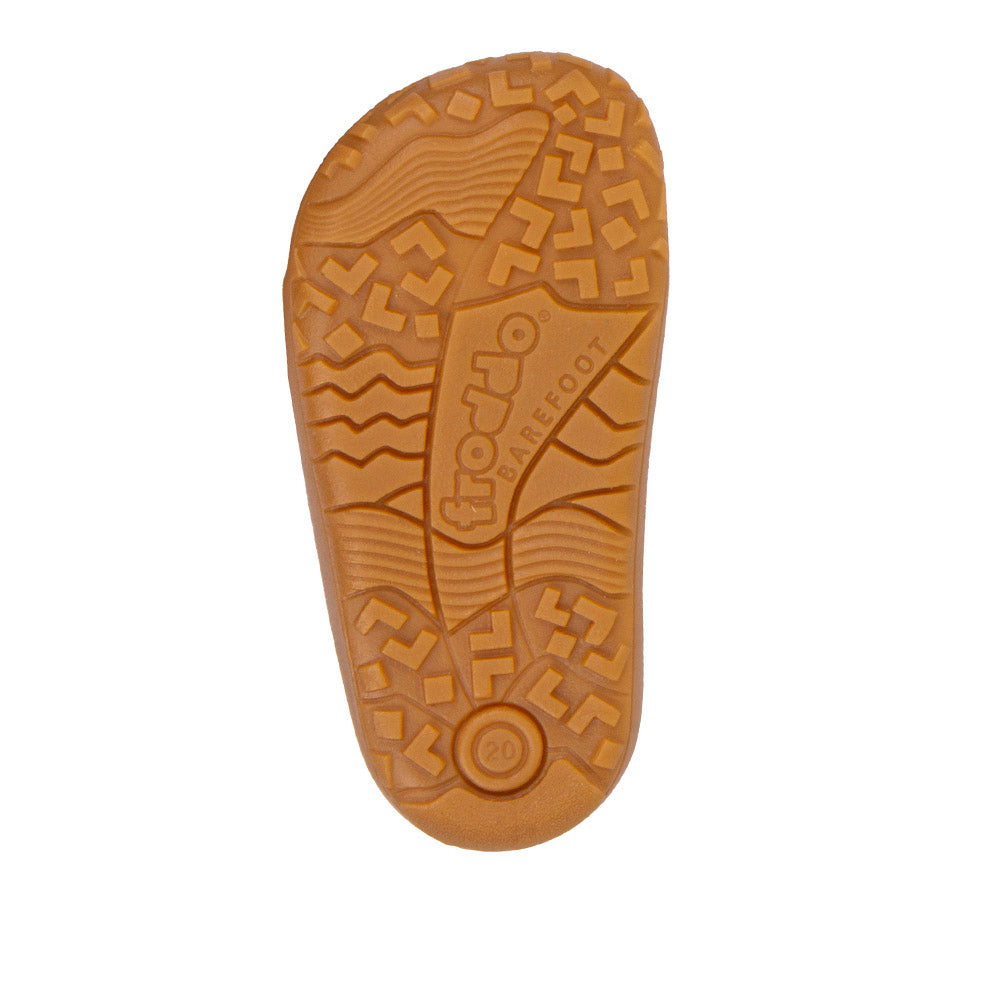 Froddo First Step Barefoot shoe with heel and toe bumpers and two velcro straps. View of sole with Froddo logo
