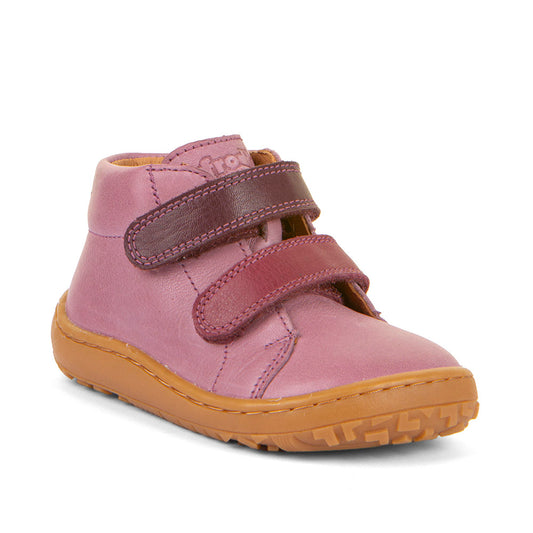 Froddo First Step Barefoot shoe in pink with heel and toe bumpers and two velcro straps. Right side view