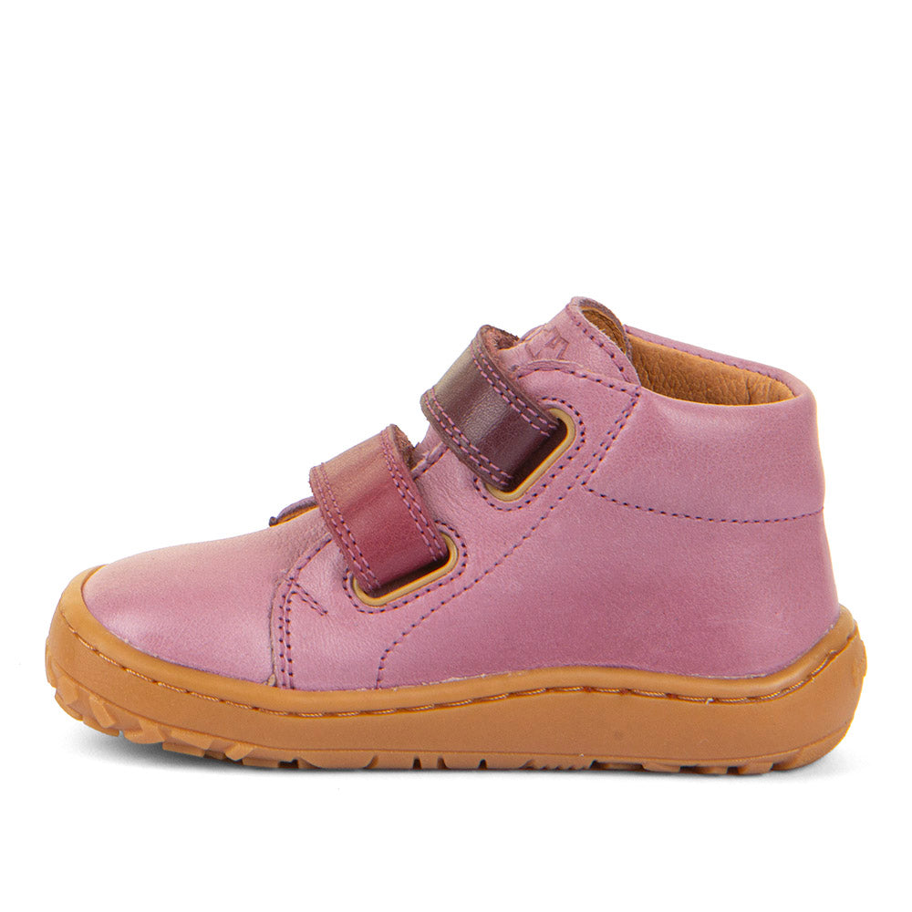 Froddo First Step Barefoot shoe in pink with heel and toe bumpers and two velcro straps. Inner side view